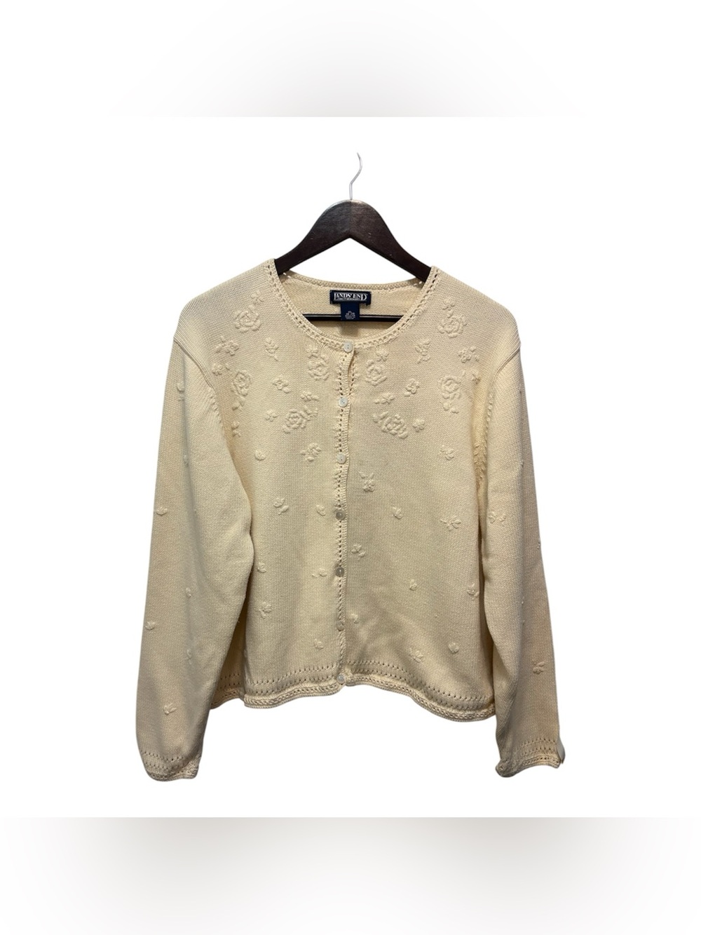 Lands' End Vintage Cream Floral Embroidered Textured Knit Cardigan Cottagecore